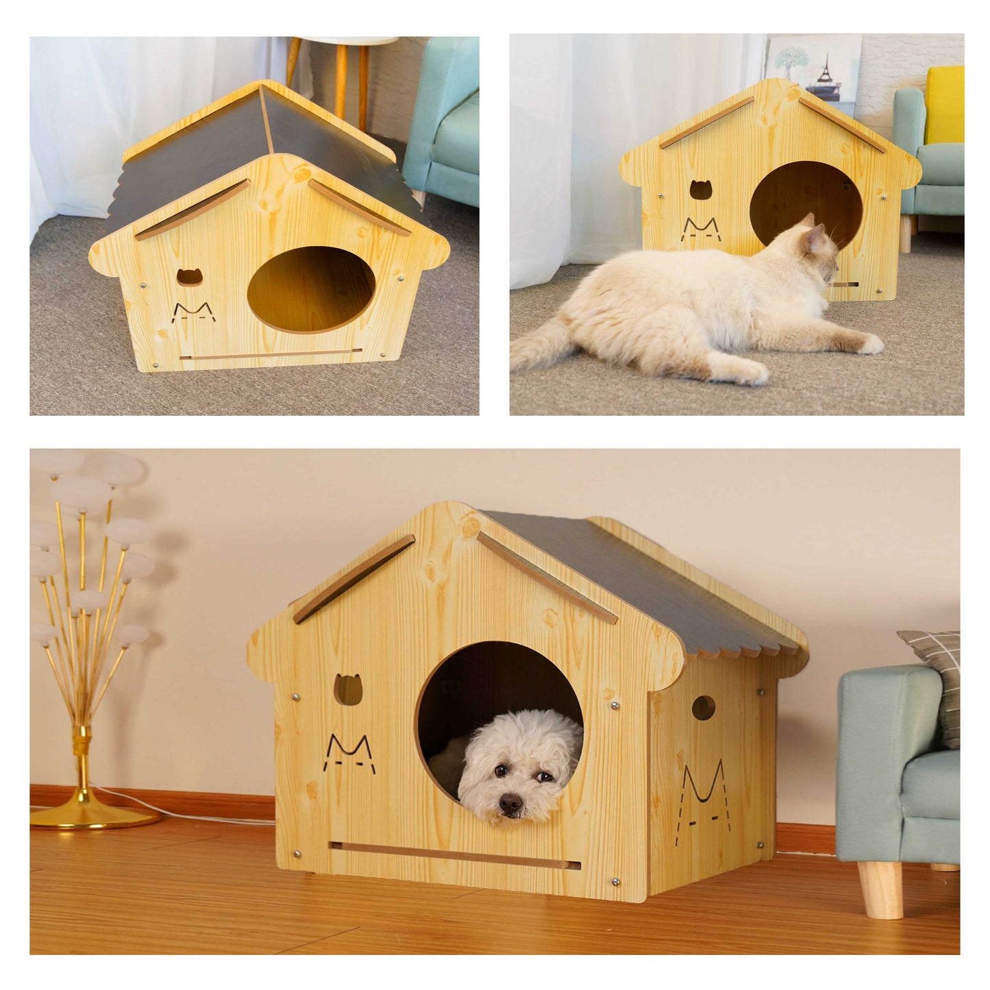 Mekidulu wooden dog and cat house with doors and windows