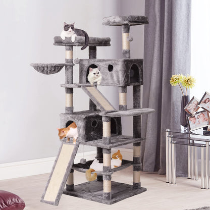 Cat Tree Cat Tower 178cm, Multi Level Cat Scratching Post with Condos, Ladders, Basket, Hammock & Plush Perches for Kittens, Large Cats, Grey