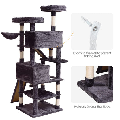 Cat Tree Cat Tower 178cm, Multi Level Cat Scratching Post with Condos, Ladders, Basket, Hammock & Plush Perches for Kittens, Large Cats, Grey