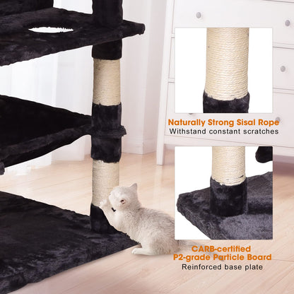 Cat Tree Cat Tower 178cm, Multi Level Cat Scratching Post with Condos, Ladders, Basket, Hammock & Plush Perches for Kittens, Large Cats, Grey