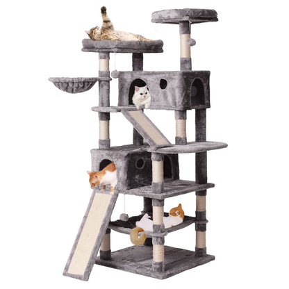 Cat Tree Cat Tower 178cm, Multi Level Cat Scratching Post with Condos, Ladders, Basket, Hammock & Plush Perches for Kittens, Large Cats, Grey