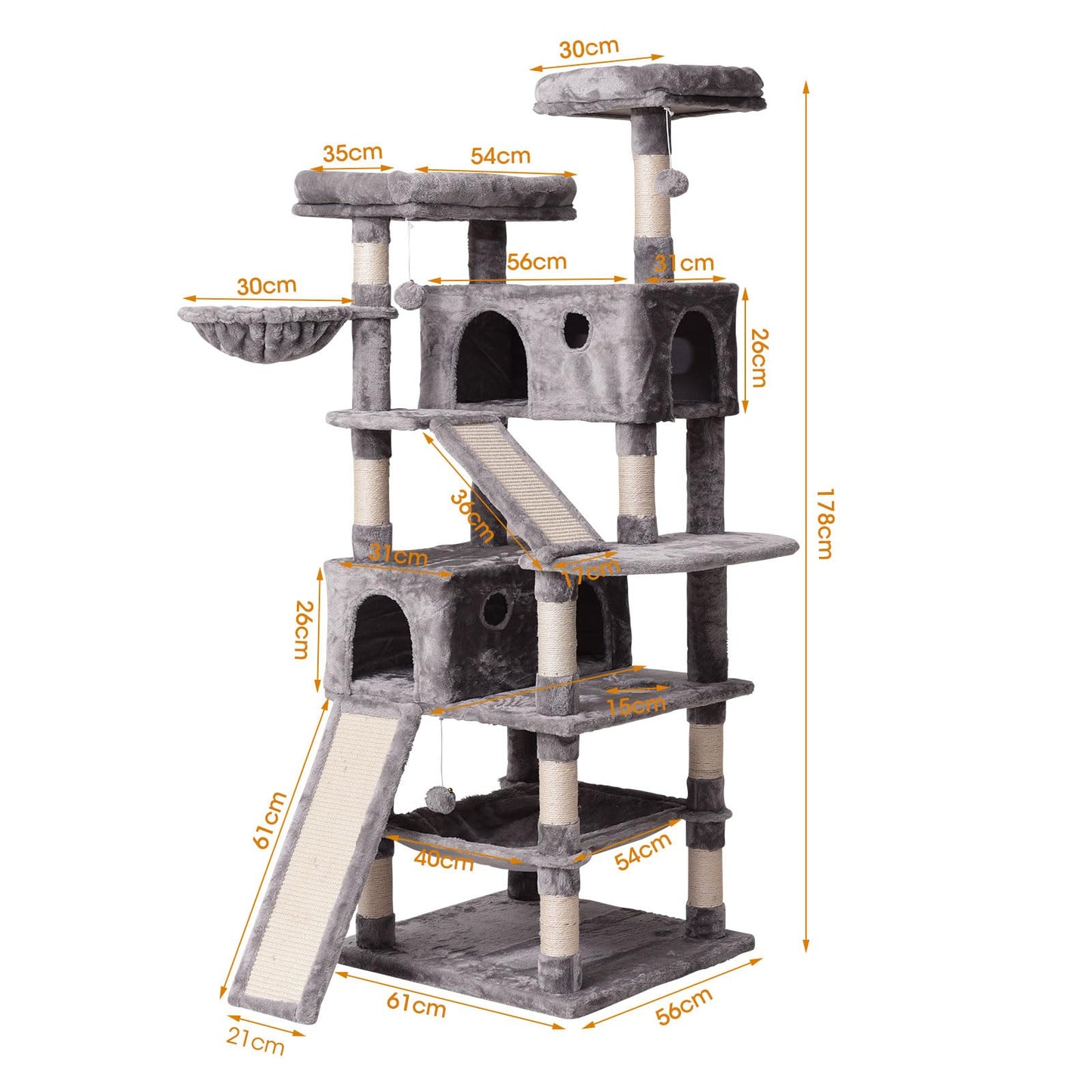 Cat Tree Cat Tower 178cm, Multi Level Cat Scratching Post with Condos, Ladders, Basket, Hammock & Plush Perches for Kittens, Large Cats, Grey