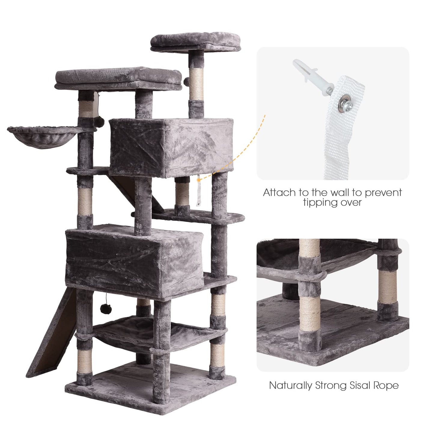 Cat Tree Cat Tower 178cm, Multi Level Cat Scratching Post with Condos, Ladders, Basket, Hammock & Plush Perches for Kittens, Large Cats, Grey