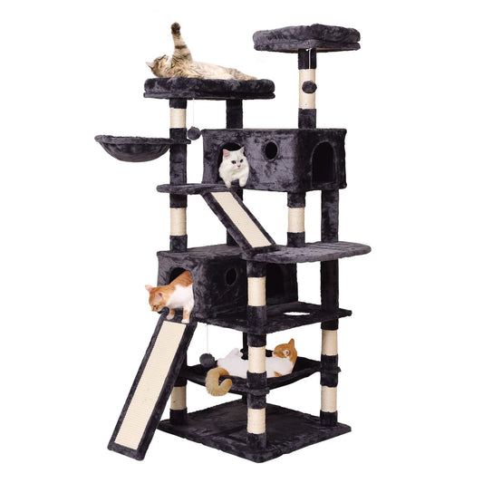 Cat Tree Cat Tower 178cm, Multi Level Cat Scratching Post with Condos, Ladders, Basket, Hammock & Plush Perches for Kittens, Large Cats, Grey