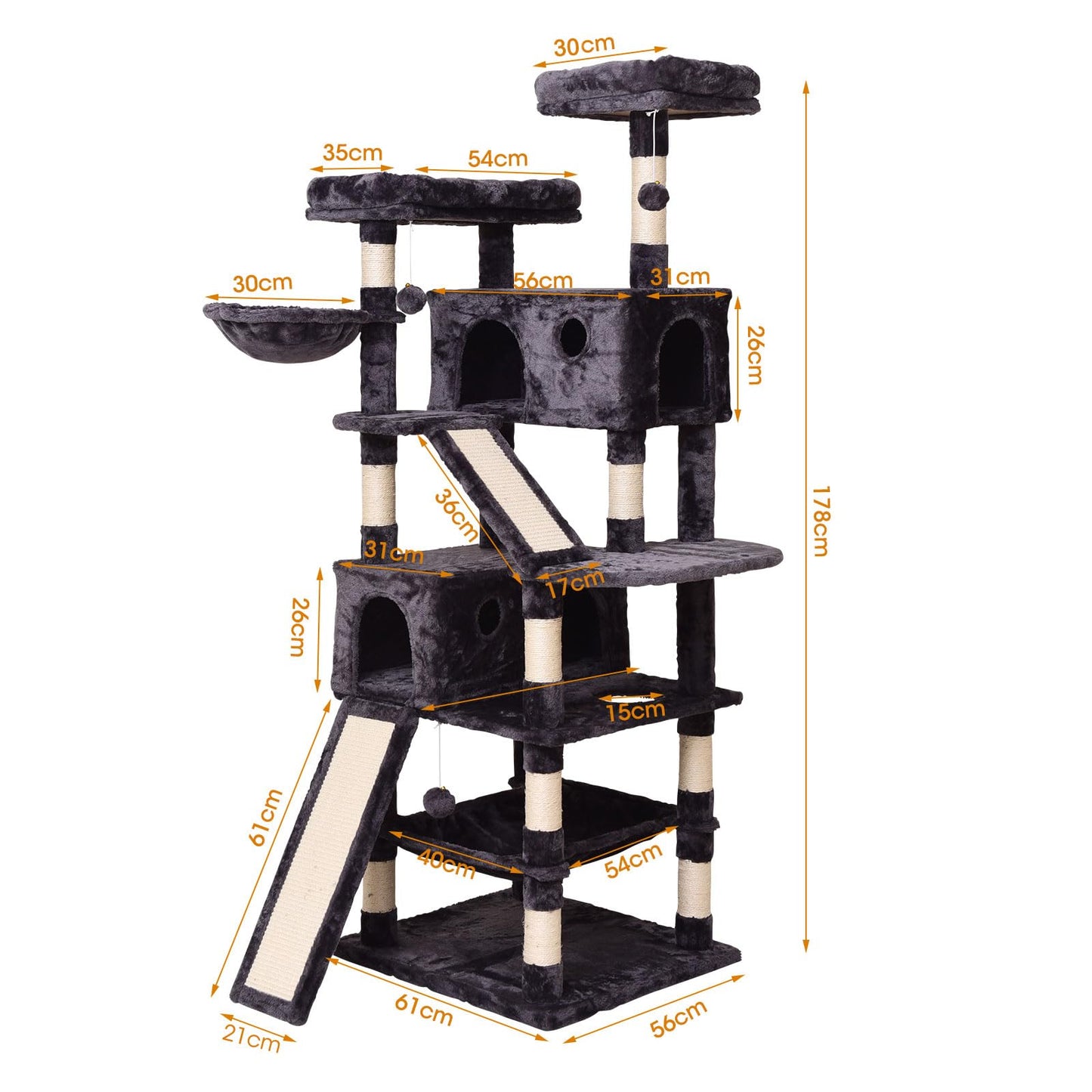 Cat Tree Cat Tower 178cm, Multi Level Cat Scratching Post with Condos, Ladders, Basket, Hammock & Plush Perches for Kittens, Large Cats, Grey