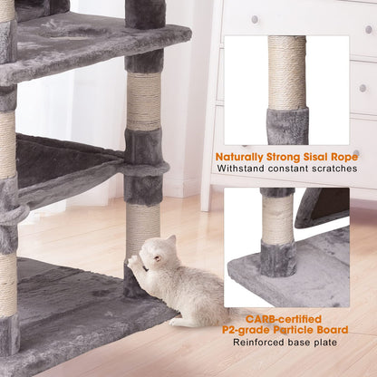 Cat Tree Cat Tower 178cm, Multi Level Cat Scratching Post with Condos, Ladders, Basket, Hammock & Plush Perches for Kittens, Large Cats, Grey