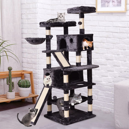 Cat Tree Cat Tower 178cm, Multi Level Cat Scratching Post with Condos, Ladders, Basket, Hammock & Plush Perches for Kittens, Large Cats, Grey