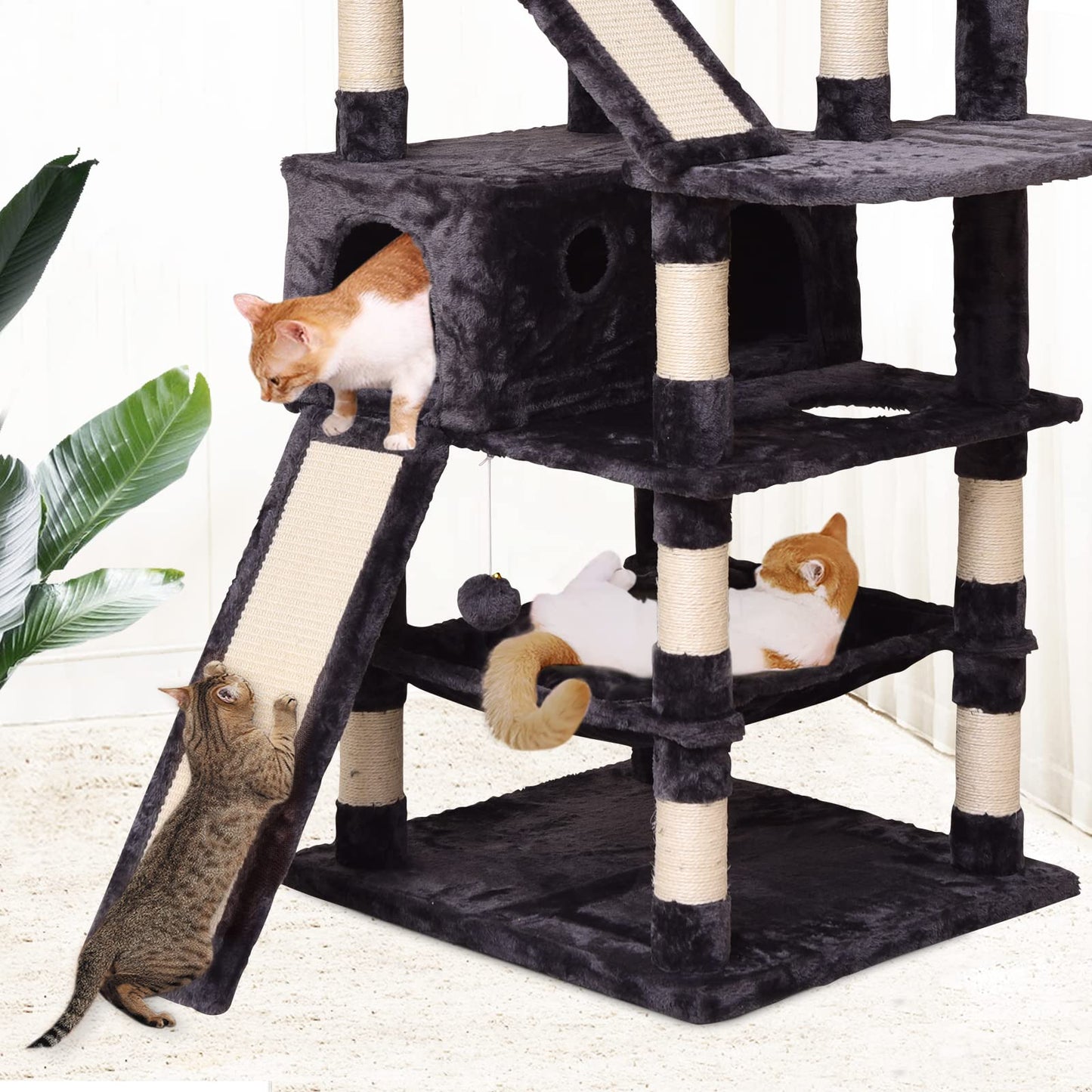 Cat Tree Cat Tower 178cm, Multi Level Cat Scratching Post with Condos, Ladders, Basket, Hammock & Plush Perches for Kittens, Large Cats, Grey