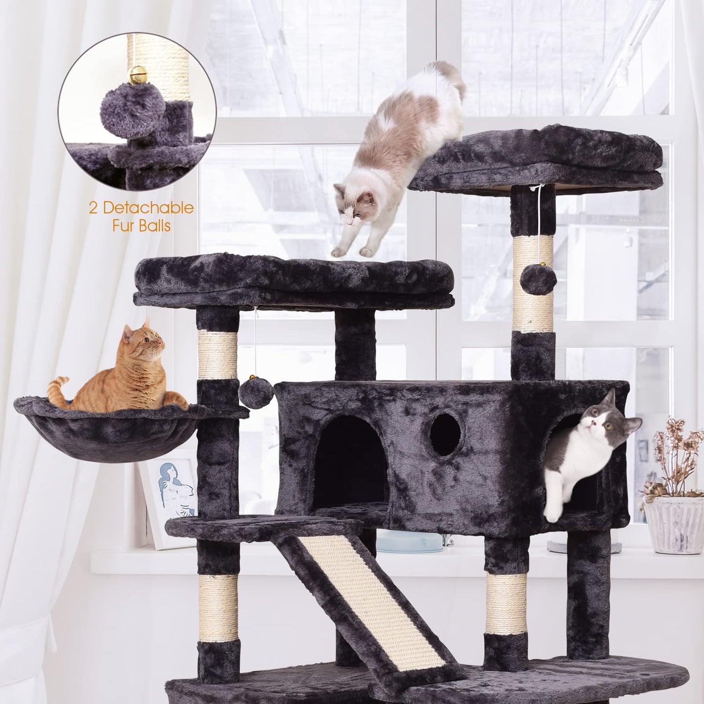 Cat Tree Cat Tower 178cm, Multi Level Cat Scratching Post with Condos, Ladders, Basket, Hammock & Plush Perches for Kittens, Large Cats, Grey