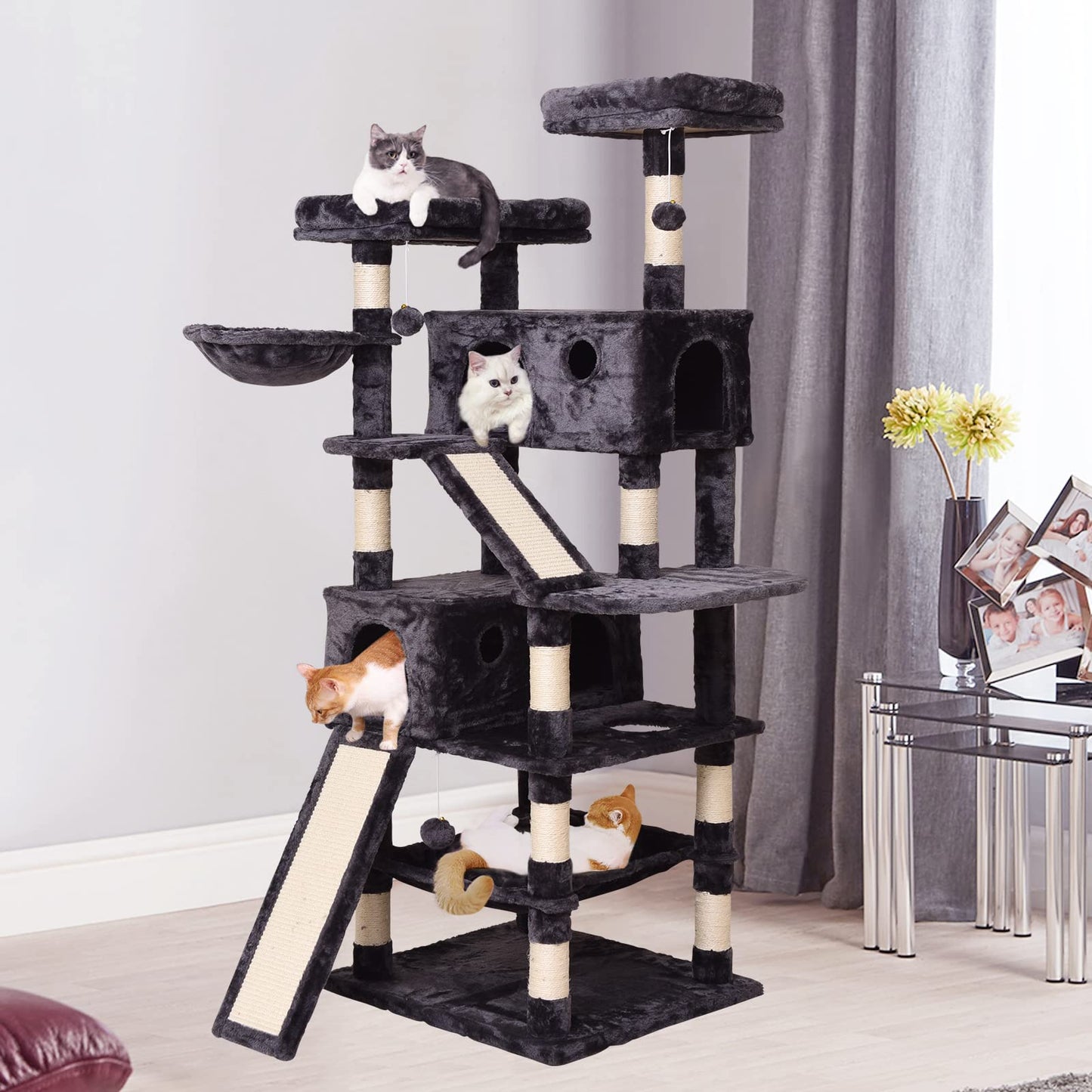 Cat Tree Cat Tower 178cm, Multi Level Cat Scratching Post with Condos, Ladders, Basket, Hammock & Plush Perches for Kittens, Large Cats, Grey