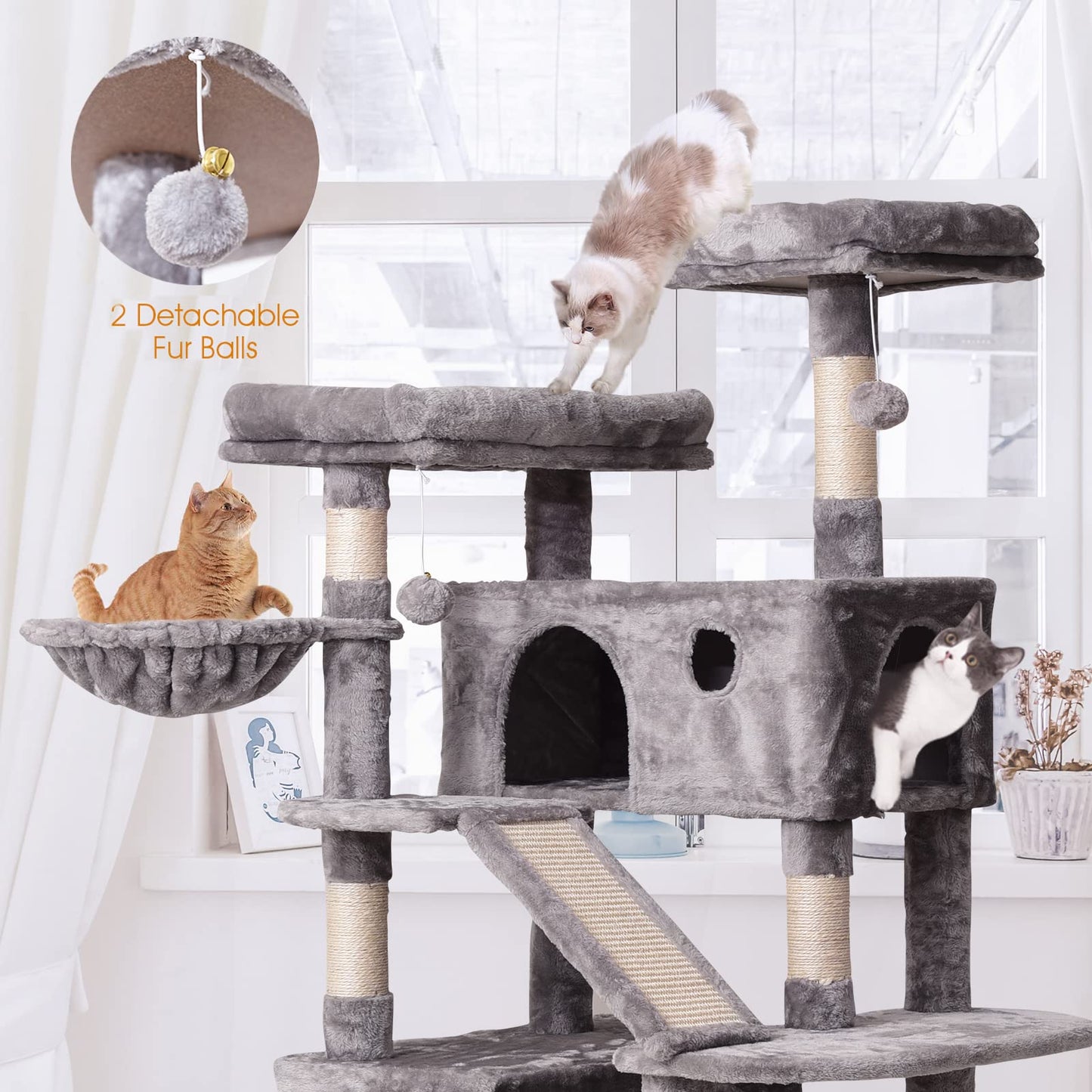 Cat Tree Cat Tower 178cm, Multi Level Cat Scratching Post with Condos, Ladders, Basket, Hammock & Plush Perches for Kittens, Large Cats, Grey