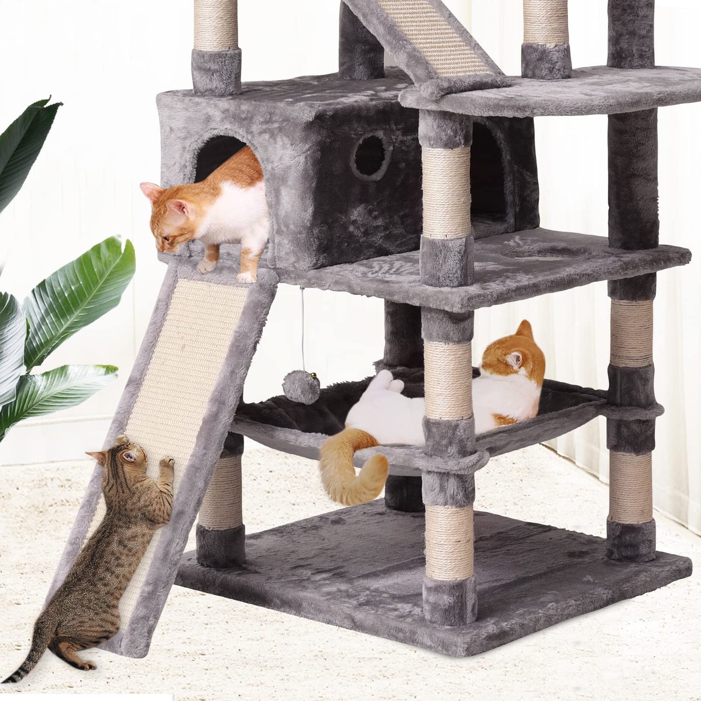 Cat Tree Cat Tower 178cm, Multi Level Cat Scratching Post with Condos, Ladders, Basket, Hammock & Plush Perches for Kittens, Large Cats, Grey