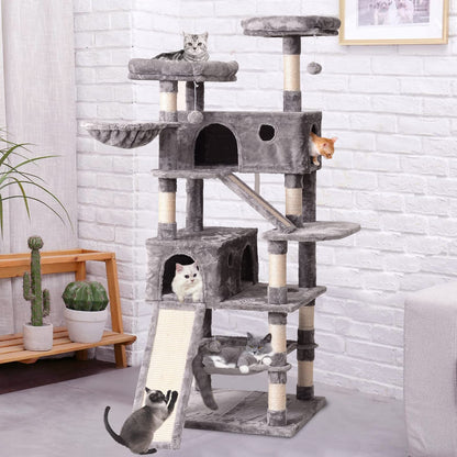 Cat Tree Cat Tower 178cm, Multi Level Cat Scratching Post with Condos, Ladders, Basket, Hammock & Plush Perches for Kittens, Large Cats, Grey