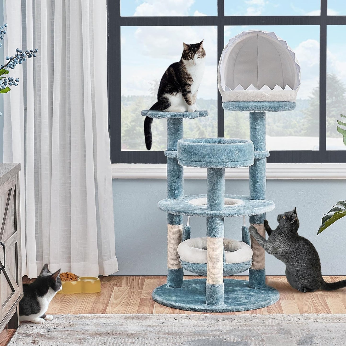 Yaheetech 115cm Ocean-themed Cat Tree, Multi Level Cat Tower W/Shark's Mouth-shaped Nest, Starfish-shaped Perch, Jellyfish-style Hammock, Cat Scratching Tree for Large Cats