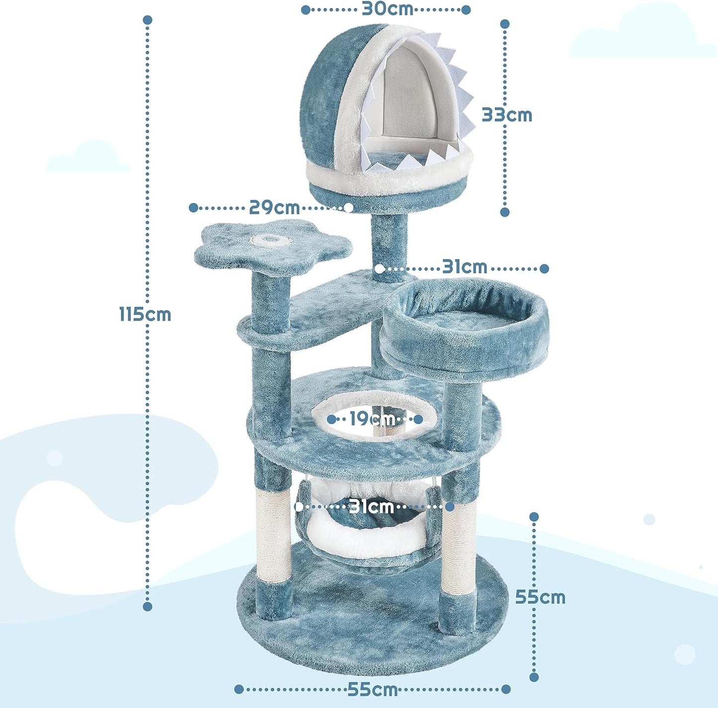 Yaheetech 115cm Ocean-themed Cat Tree, Multi Level Cat Tower W/Shark's Mouth-shaped Nest, Starfish-shaped Perch, Jellyfish-style Hammock, Cat Scratching Tree for Large Cats