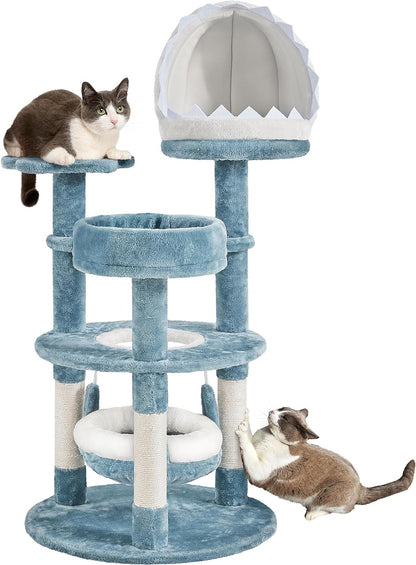 Yaheetech 115cm Ocean-themed Cat Tree, Multi Level Cat Tower W/Shark's Mouth-shaped Nest, Starfish-shaped Perch, Jellyfish-style Hammock, Cat Scratching Tree for Large Cats