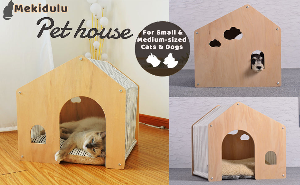 Mekidulu Cat house Wooden Cat den -Cardboard cat house(52X47X50CM)